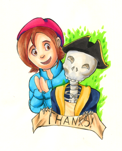 The characters from the comic "Alas! Anthony Wayne!" holding up a thank you banner