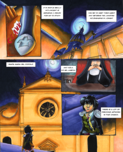The first page from the webcomic by Melissa J Massey, "Vatican Assassins"