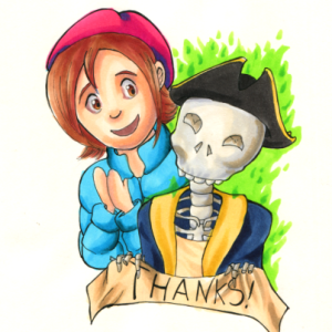 The characters from the comic "Alas! Anthony Wayne!" holding up a thank you banner